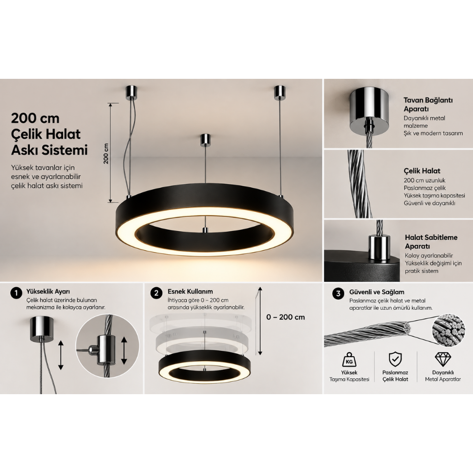 Halka LED avize için 200 cm çelik halat askı sistemi