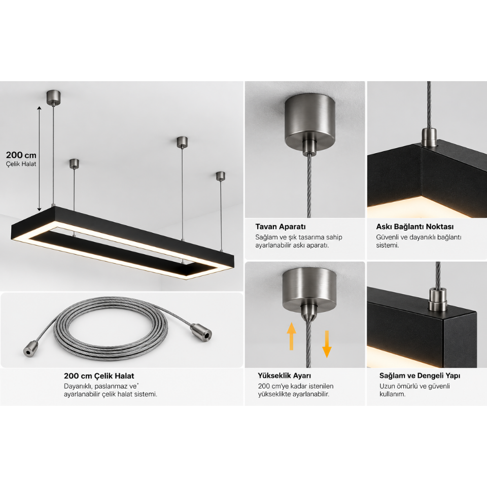 200 cm çelik halatlı LED sarkıt askı sistemi parçaları