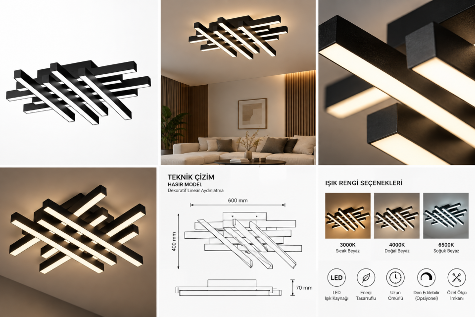 Hasır Model Modern LED Sarkıt Avize Dekoratif Linear Aydınlatma Cafe Restoran İçin 8x100 - 6500K - ANTRASİT - Askısız
