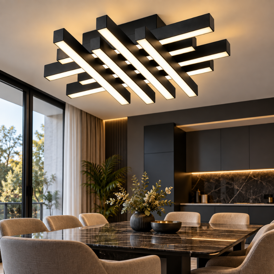 Modern yemek alanında geometrik dekoratif LED sarkıt avize