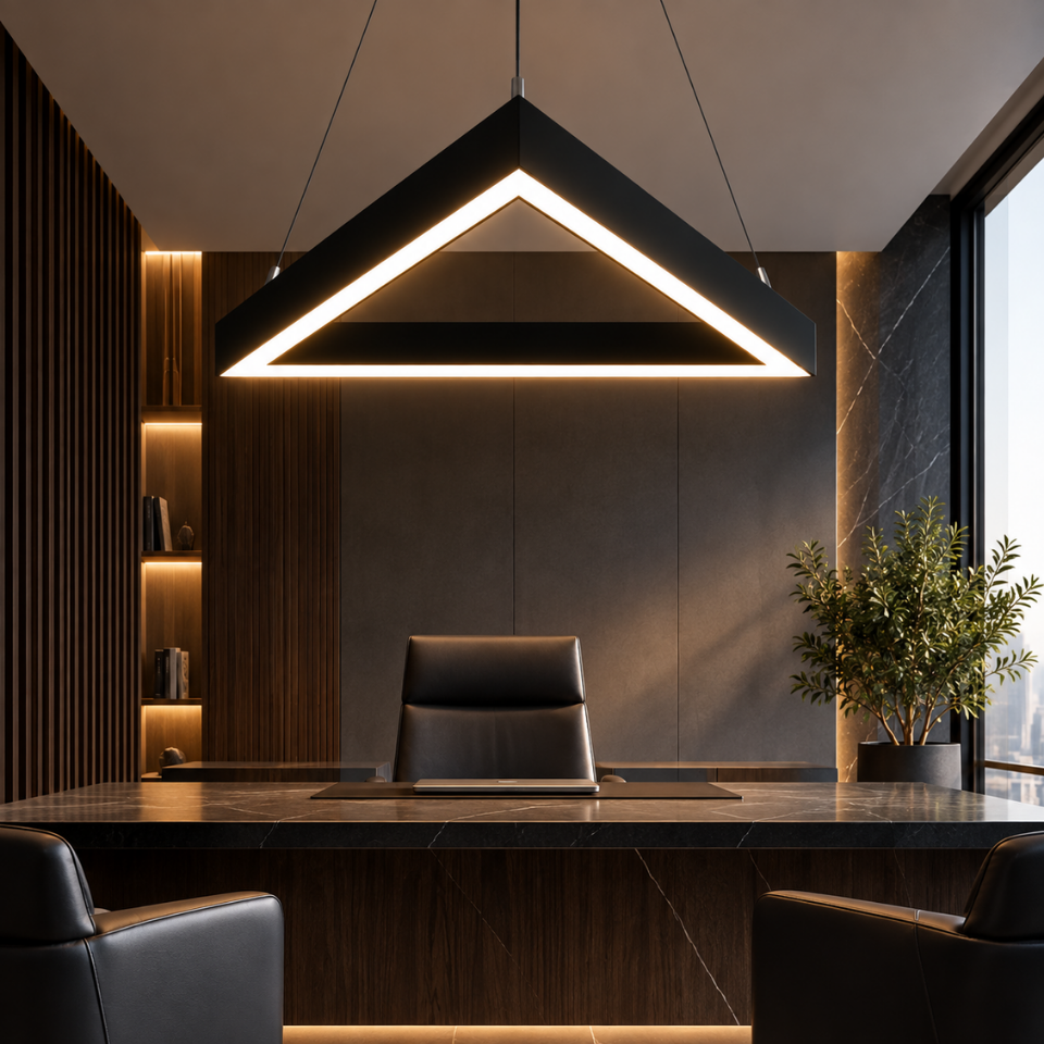 Yönetici ofisinde üçgen formlu dekoratif LED sarkıt aydınlatma