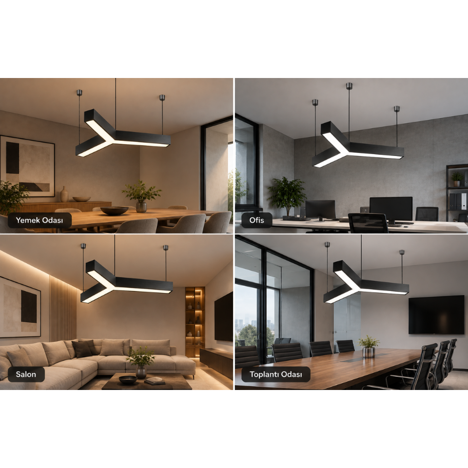 Farklı iç mekânlarda Y model dekoratif linear aydınlatma