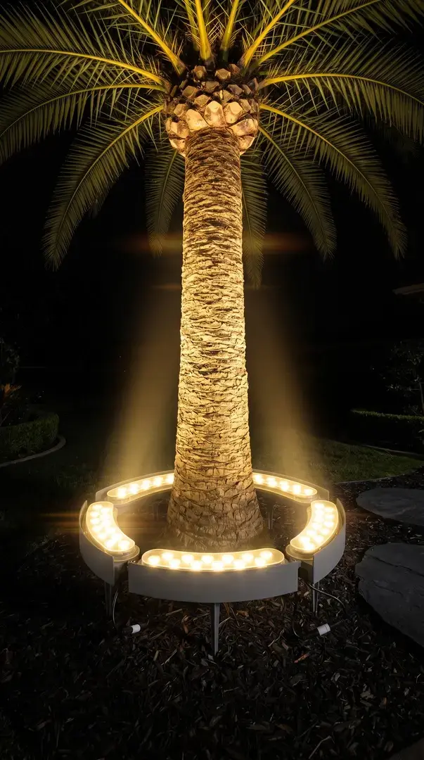 LED halka armatür ile aydınlatılmış palmiye ağacı gövdesi