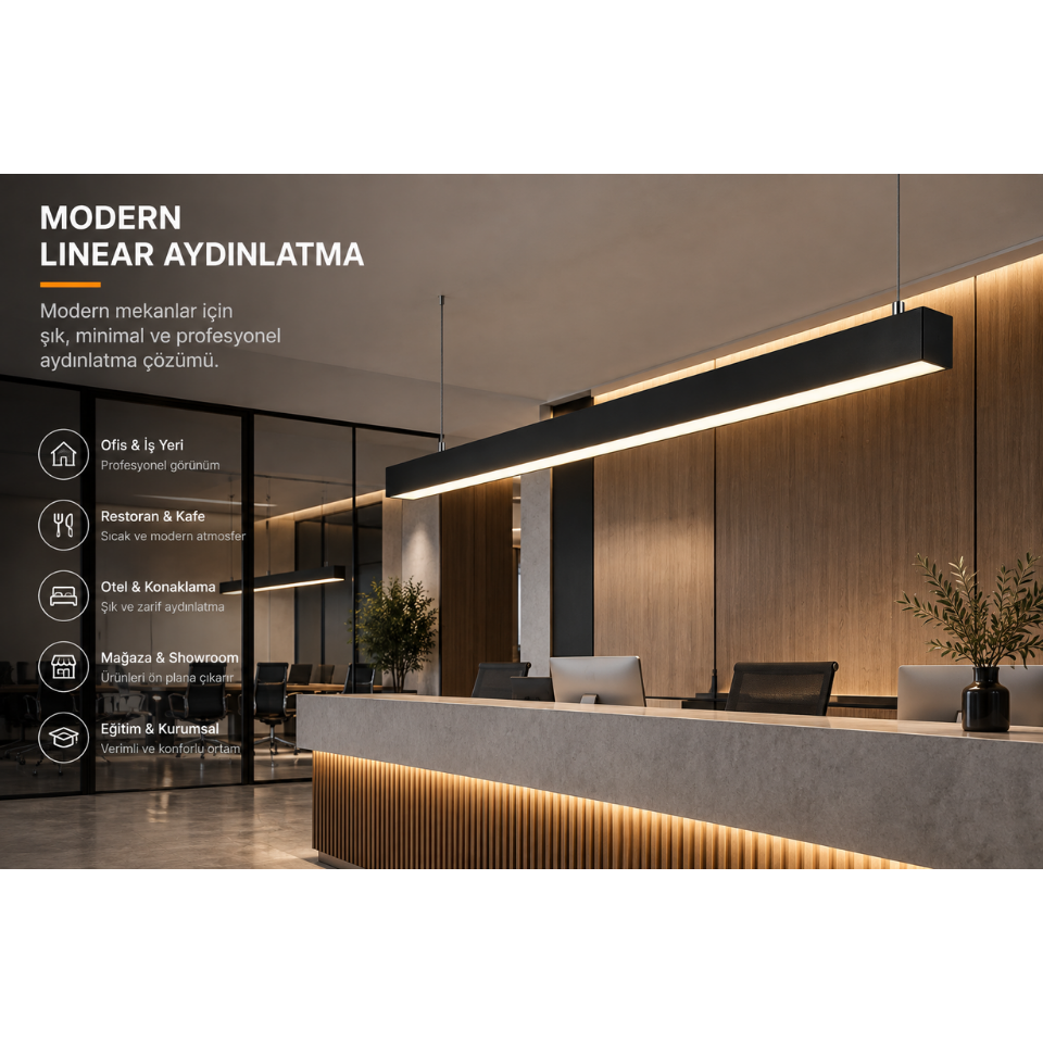 Modern ofiste mercekli linear aydınlatma uygulaması