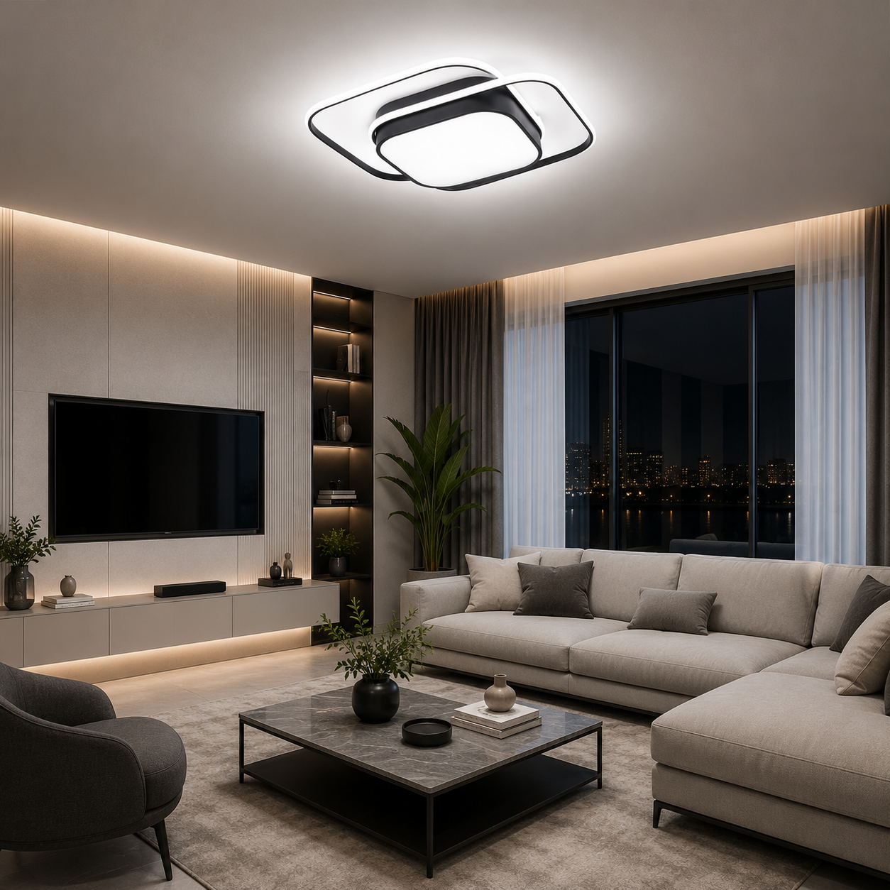 YUVA Modern Kare LED Plafonyer Tavan Aydınlatma 90W Siyah Kasa 3 Renk Modlu 55 CM