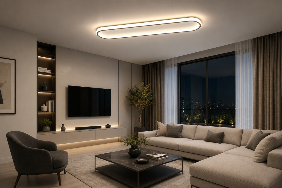 AKIŞ Modern Oval LED Plafonyer Tavan Aydınlatma 90W Siyah Kasa 3 Renk Modlu 20x60 CM